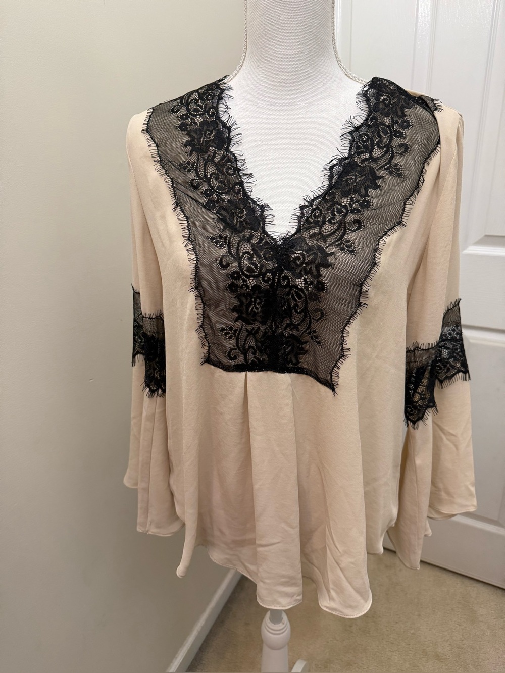New York & Company Cream Top with Black Lace V-Panel